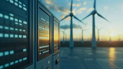 Powering the Future: a cutting-edge data center, bathed in the warm glow of the rising or setting sun, seamlessly integrates with a wind farm.