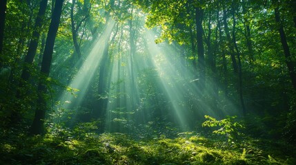 Obraz premium Sunlight beams through dense forest canopy