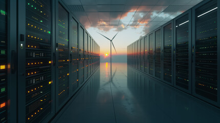 Data Center with Energy: A futuristic data center, illuminated by rows of servers, opens to a tranquil scene of wind turbines set against a sunset.