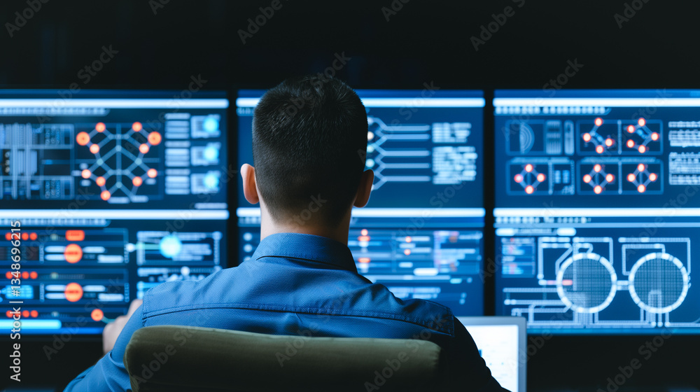 Poster cyber sentinel: a focused individual monitors complex data streams on multiple screens in a high-tec