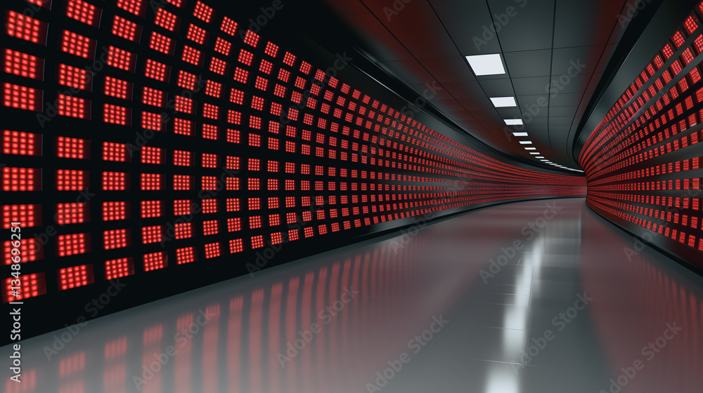 Poster tunnel of data: futuristic tunnel lined with walls of glowing red data panels, hinting at the intric