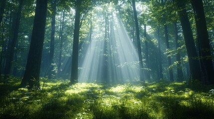 Fototapeta premium Sunlight beams through misty forest floor