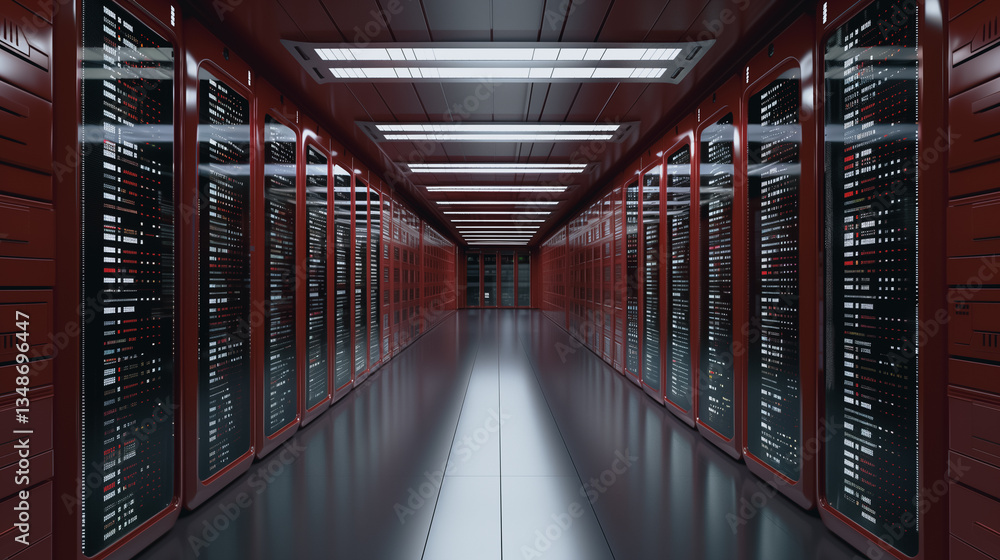 Poster server room's data corridor: a modern server room hallway, with rows of glowing server racks on eith