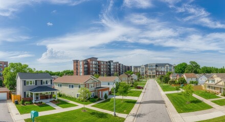 Panoramic view of suburban neighborhood with houses, trees, and apartment buildings under blue sky