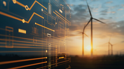 Energy Innovation: Digital Circuitry overlays a field of wind turbines at sunset, symbolizing technological advancement in renewable energy, representing sustainable power solutions.