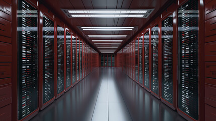 Server Room's Data Corridor: A modern server room hallway, with rows of glowing server racks on either side. This image showcases technology and data storage.