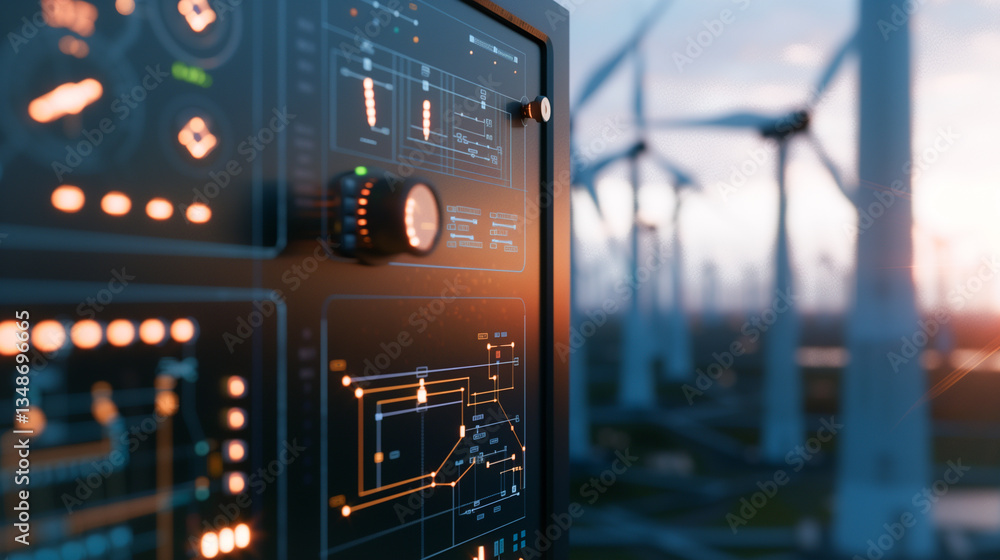 Poster harnessing renewable energy: a close-up of a control panel set against a blurred backdrop of a wind 