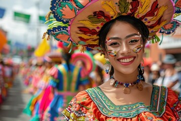 Smiling woman in vibrant traditional dress at a festival parade