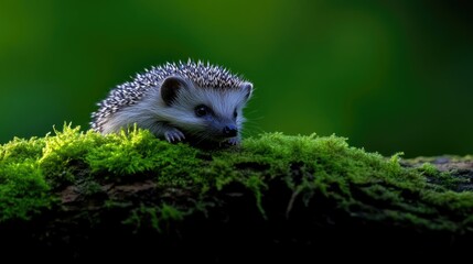 Tiny hedgehog nestled on mossy log