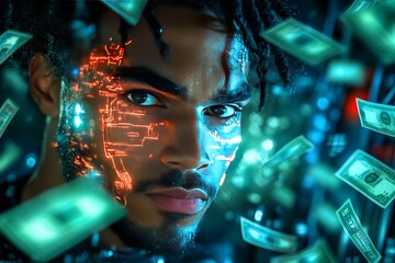 A young man surrounded by money notes. Generative AI