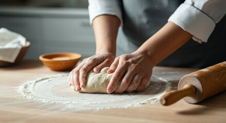 Fototapeta premium Close-up of person kneading dough on floured surface with rolling pin