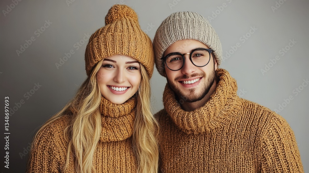 Poster smiling couple in matching knitted winter sweaters and beanies sharing warmth and joy in a cozy wint