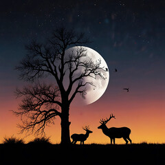 Silhouetted Antelopes with Full Red Moon