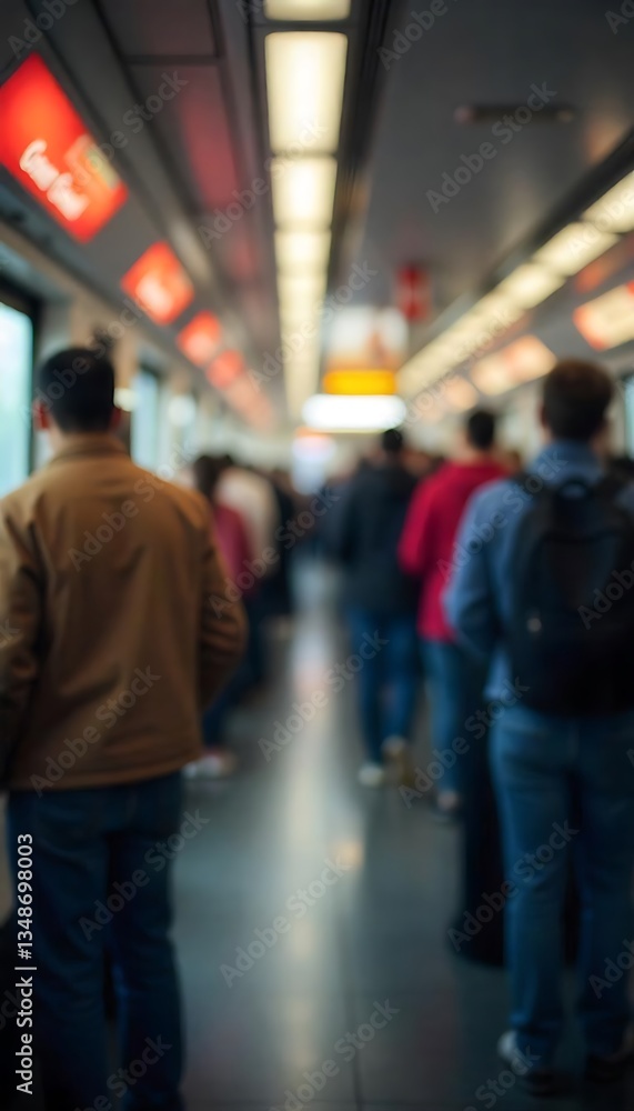 Aufkleber generative ai blurred shot inside a busy train car with commuters standing on commute
