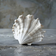 Prominent White Ribbed Seashell or Clam Shell Displayed on a Textured Grey Background