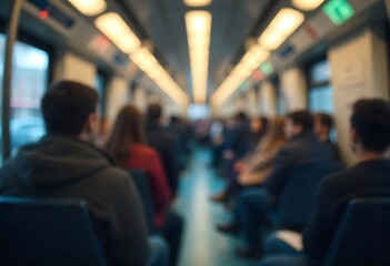 Generative AI Blur of commuters on a subway train platform with bright lights