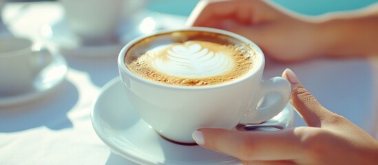 Outdoor cafe latte enjoyment, hands holding cup, blurred background, possible use for coffee shop ad
