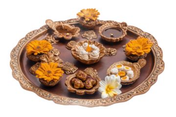 Luxurious Golden Tray with Indian Sweets, Flowers, and Diyas for Festive Celebration