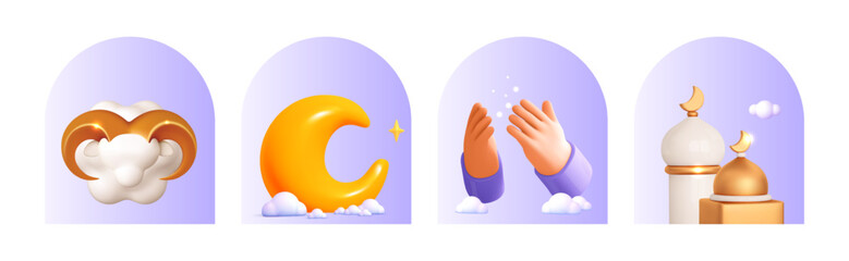 Ramadan Kareem, Eid al-Adha, Eid al-Fitr mubarak icons. 3d moon and clouds, hand of prayer, mosque, sheep in arch. Vector 3d illustration muslim ellement