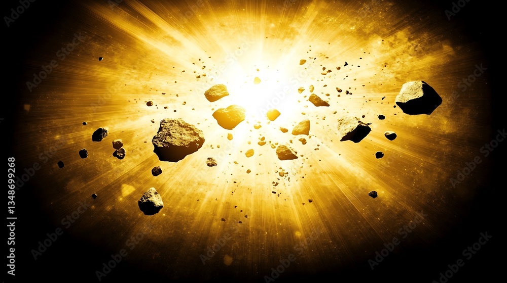 Poster asteroids and golden light exploding in the dark outer space