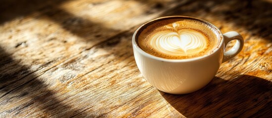 Latte Art on Wooden Table in Sunlight