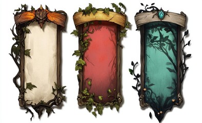 Three decorative panels, each with a different color background and vine-like decorations.  Each panel has a wooden frame and a banner-like top
