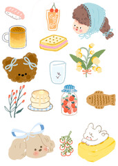 fast food set, Cute stickers and element card, food, animal. Hand drawn and calligraphy 