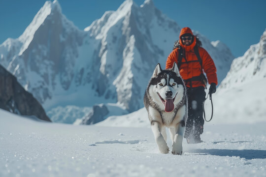 A man walking a husky dog in the snow with mountains in the background