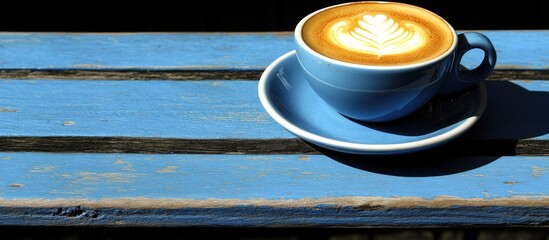 Latte art on blue wooden outdoor table