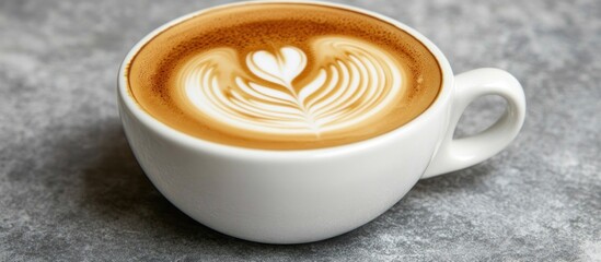 Latte art coffee in a white cup on a gray surface