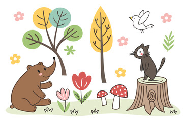 14 Colorful cartoon nature elements, forest animals, brown bear, black cat, elephant, rabbit, stylized flowers, trees, leaves, bird, mushroom, tree stump, simple shapes, flat design, cute illustration