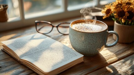 Cozy morning coffee and book by window