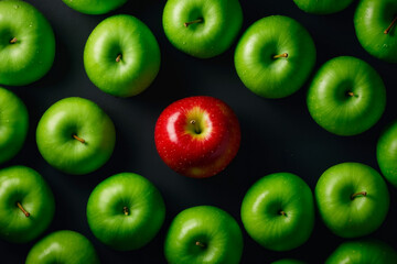 A red apple surrounded by green apples on a black surface