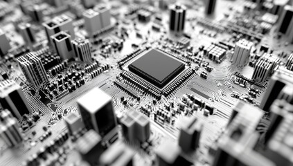 High-tech city on a circuit board.  Complex, intricate electronic components
