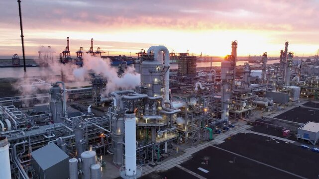 Aerial view of chemical plant at sunset. Drone shot. Billowing steam from smoke stack filling sky. Smoking chimneys from factory. Chimneys of big oil refinery at sunrise polluting environment. Night