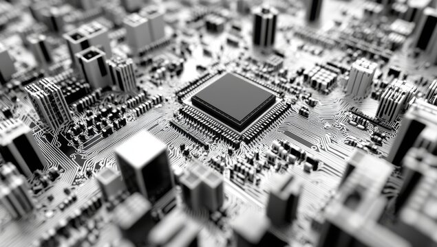 High-tech city on a circuit board.  Complex, intricate electronic components