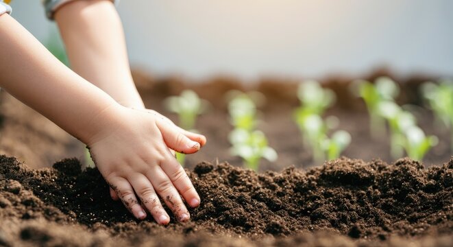 Child's hands planting seedlings in soil, symbolizing growth and nature involvement