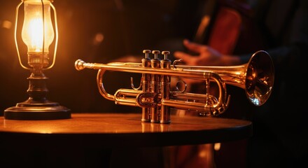Shiny trumpet on wooden table by lantern, dark background