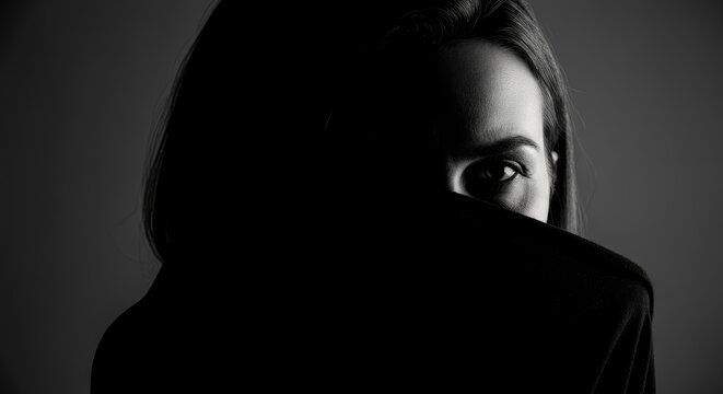 Mysterious woman partially hidden in dark shadows