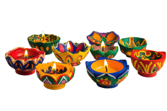 Vibrant HandPainted Clay Diyas with Lit Candles for Diwali Festival
