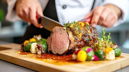 Chef carving roasted meat.  A professional chef expertly slices a succulent roasted meat dish, accompanied by colorful vegetables. The presentation is elegant and the food appears delicious
