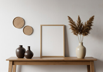 Obraz premium Modern Minimalist Wooden Furniture Arrangement With Pampas Grass and Decor Items