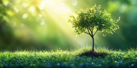 Young sapling in lush green meadow