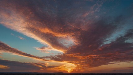 Obraz premium Colorful Sunrise Sky Over Open Field with Vivid Morning Clouds