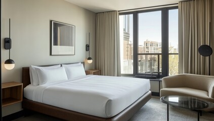Modern hotel bedroom with city view