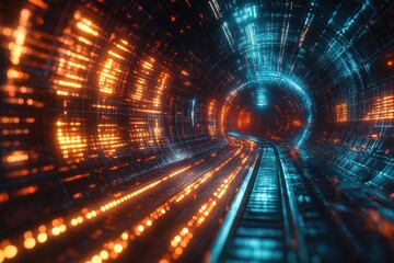 Futuristic Digital Tunnel with Glowing Lights in Motion 69 Characters