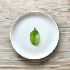 Elegant White Ceramic Plate with a Solitary Green Leaf Against a Dark, Moody Background
