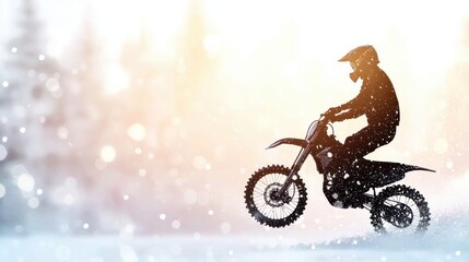 Silhouette of a motocross rider in a snowy landscape.