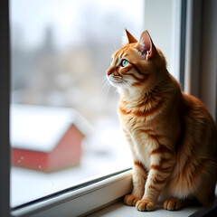 A ginger cat with captivating blue eyes sits by the window, exuding curiosity and tranquility in a warm, inviting home environment