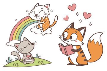 16 Cute cartoon animals, colorful illustrations, whimsical characters, cats and fox, playful poses, diverse expressions, children's book style, vibrant colors, simple shapes, hand-drawn aesthetic, lin